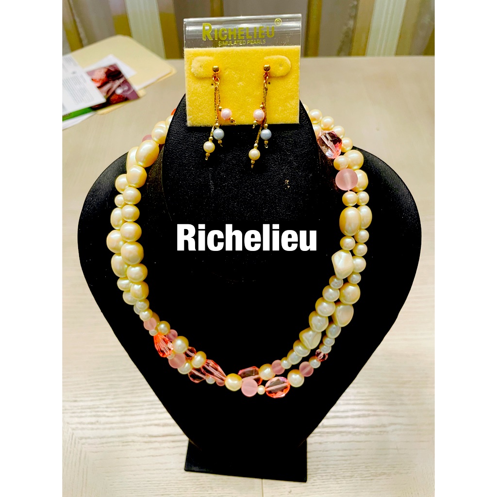 Richelieu Pearl And Pink Crystal Necklace With Earrings Vintage 99$